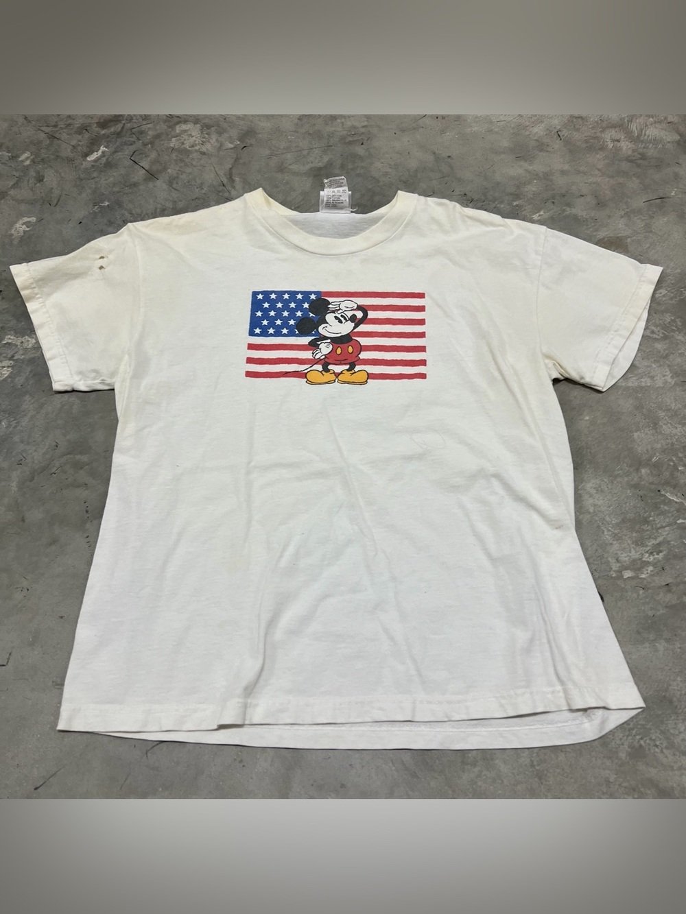 Vintage 90s Disney Mens White Mickey Mouse USA Flag Cartoon T Shirt Small READ